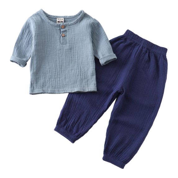 GYRATEDREAM Toddler Baby Boy Clothes Solid Color Cotton Linen Long Sleeve Henley Shirts and Pants Set 2Pcs Summer Outfits for 6M-7Y