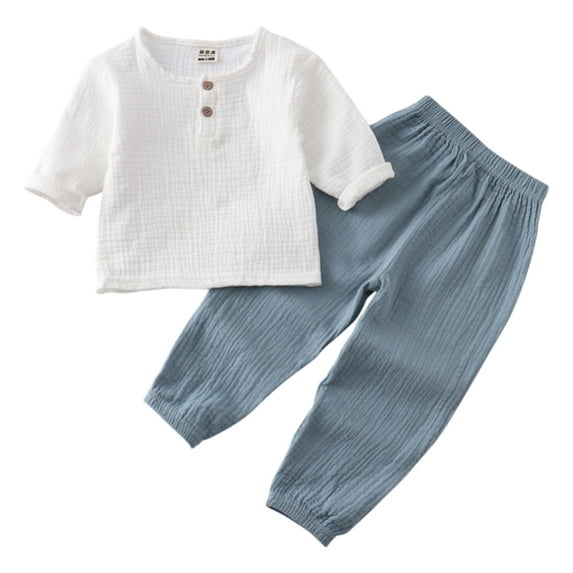 GYRATEDREAM Toddler Baby Boy Clothes Solid Color Cotton Linen Long Sleeve Henley Shirts and Pants Set 2Pcs Summer Outfits for 6M-7Y