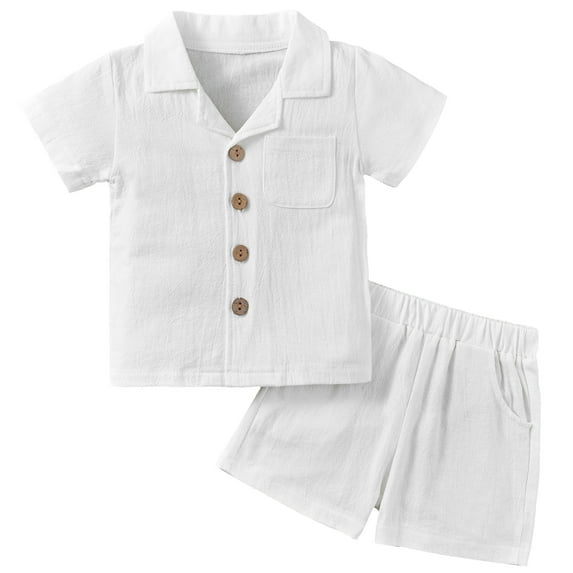 GYRATEDREAM Toddler Baby Boy Clothes Solid Color Cotton Linen Short Sleeve Button Down Shirt and Shorts Set 2Pcs Summer Outfits 12M-5T