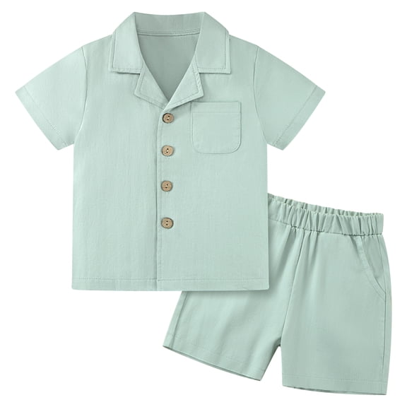 GYRATEDREAM Toddler Baby Boy Clothes Solid Color Cotton Linen Short Sleeve Button Down Shirt and Shorts Set 2Pcs Summer Outfits 12M-5T