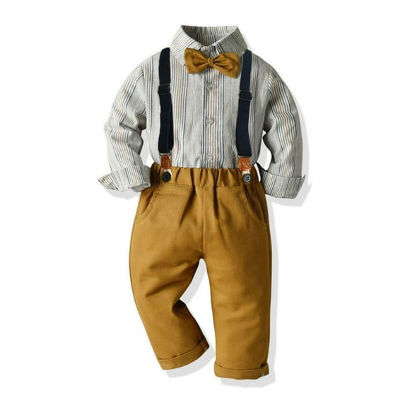 GYRATEDREAM Toddler Baby Boy Gentleman Outfits Kids Long Sleeve Plaid Shirt with Bow Ties Suspenders Pants 2Pcs Set Children Wedding Party Dress Suit for 12 Months-10 Years Khaki