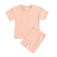 thumbnail image 1 of GYRATEDREAM Toddler Baby Boy Girl Clothes Solid Color Short Sleeve Cotton T-Shirt Top and Shorts Set 2 Piece Neutral Summer Outfits 9M-13T, 1 of 9