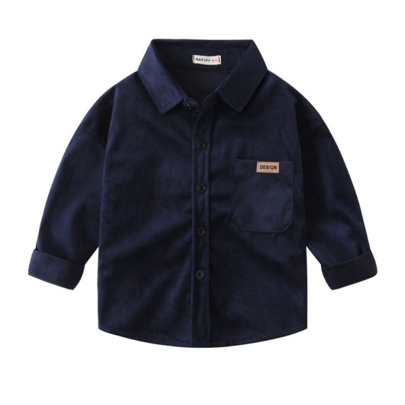GYRATEDREAM Toddler Baby Boy Long Sleeve Shirt Kids Lapel Solid Color Button down Top with Pockets Children Casual Spring Summer Fall Clothes Navy Blue for 2-10 Years
