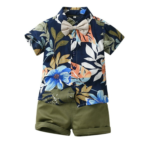 GYRATEDREAM Toddler Baby Boy Shorts Sets Hawaiian Outfit Leave Floral Short Sleeve Button Down Shirt Top Shorts Summer Outfit,Size 3-4 Years