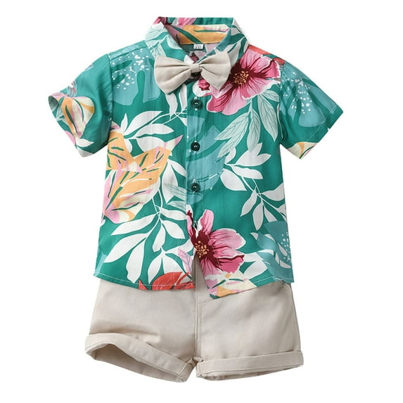 GYRATEDREAM Toddler Baby Boy Shorts Sets Hawaiian Outfit Leave Floral Short Sleeve Button Down Shirt Top Shorts Summer Outfit,Size 5-6 Years