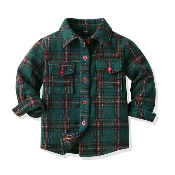 GYRATEDREAM Toddler Baby Boys Girls Plaid Flannel Shirt Jacket Kids Long Sleeve Lapel Button Down Shirts Fur-Lined Coat Children Fall Winter Tops Outwear Clothes Green for 6 Months-14 Years