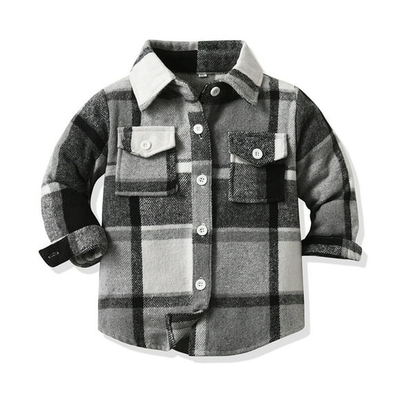 GYRATEDREAM Toddler Baby Boys Girls Plaid Flannel Shirt Jacket Kids Long Sleeve Lapel Button Down Shirts Fur-Lined Coat with Pockets Children Fall Winter Tops Outwear Clothes Black for 6M-14T