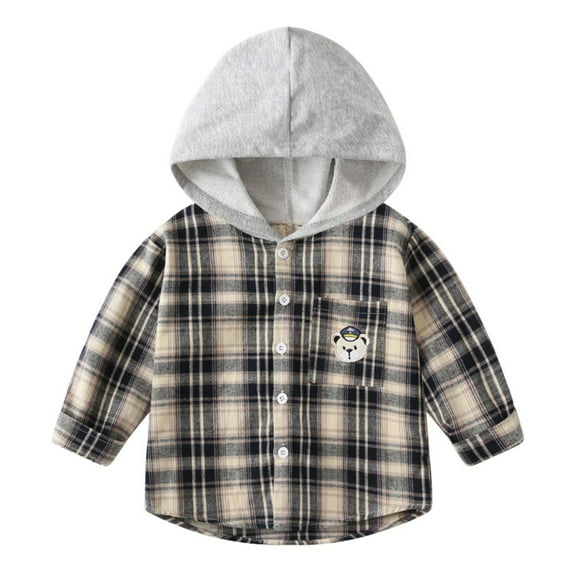 GYRATEDREAM Toddler Baby Boys Plaid Hoodies Kids Button down Long Sleeve Jacket Plaid Shirt Unisex Outfits with Pockets Children Fall Winter Clothes for 2-10Y