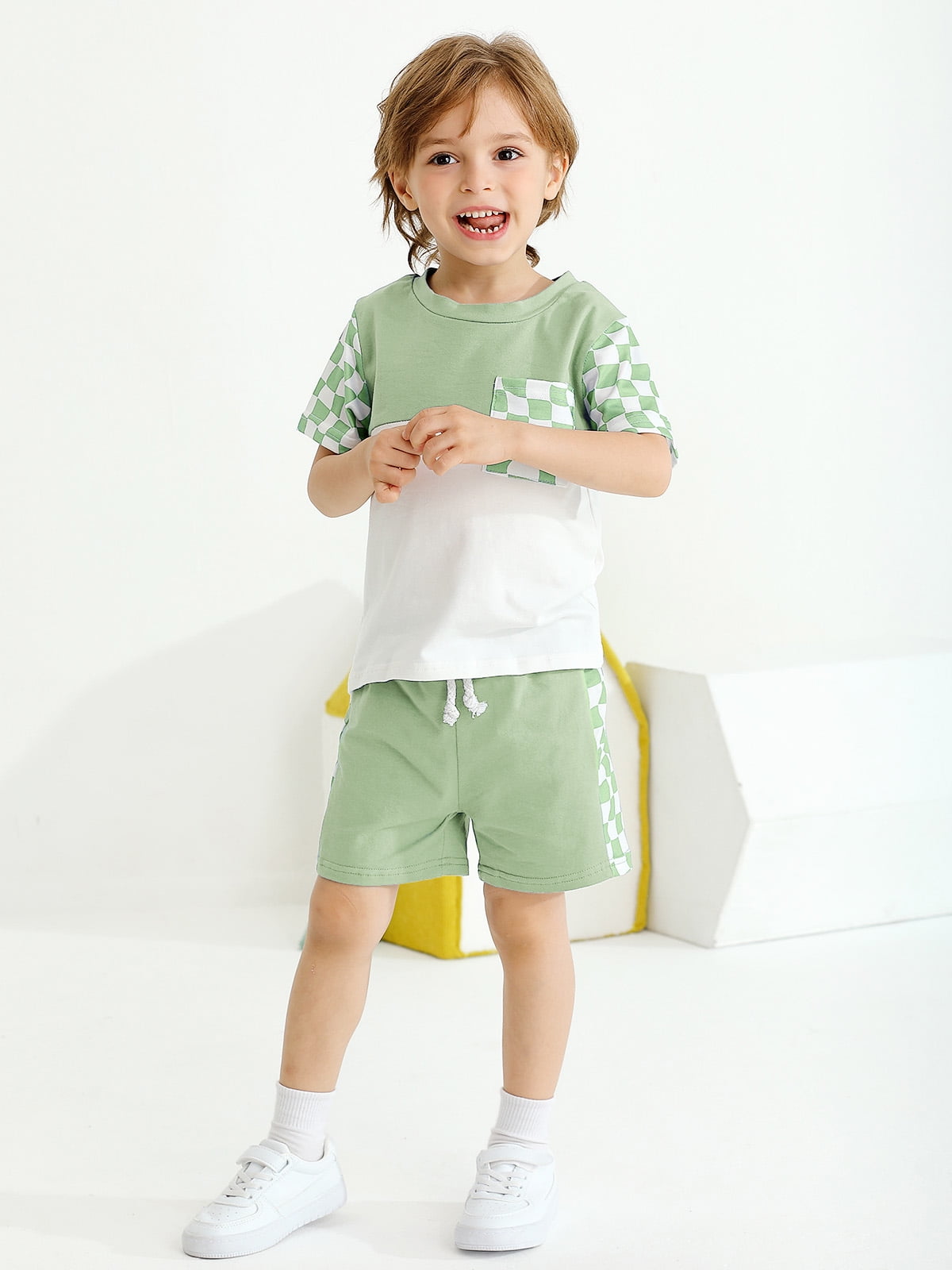 ELF Baby Boy Summer Clothes Checkerboard Print Short Sleeve Round Neck T Shirt With Shorts 2pcs Outfit - View #2