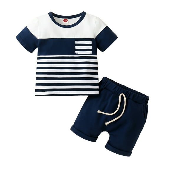 GYRATEDREAM Toddler Baby Boys Summer Outfits Stripe Patchwork Short Sleeve T-shirt Top + Solid Color Elastic Waistband Drawstring Shorts with Pockets 2 Piece Sets Infant for 0 Month-3 Years