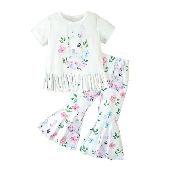GYRATEDREAM Toddler Baby Girl Easter Outfit Clothes Bunny Short Sleeve T-Shirt Tee Flare Pants Set Toddler Bell-bottoms Set, Size 6-12 Months