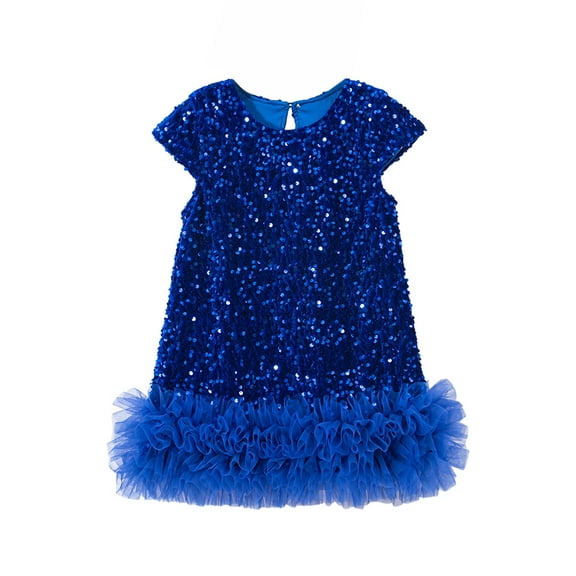 GYRATEDREAM Toddler Baby Girl Glitter Sequin Dress Kids Sparkly Fancy Ruffle Short Sleeve Holiday Festival Tulle Dress Children Birthday Party Princess Dress Blue for 2-8 Years
