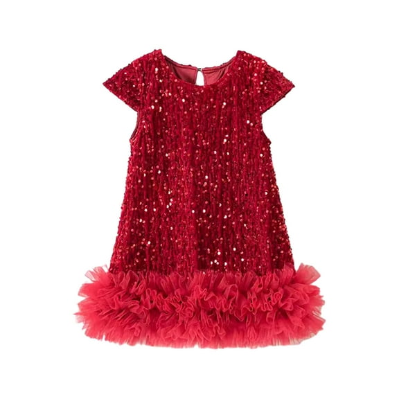 GYRATEDREAM Toddler Baby Girl Glitter Sequin Dress Kids Sparkly Fancy Ruffle Short Sleeve Holiday Festival Tulle Dress Children Birthday Party Princess Dress Red for 2-8 Years