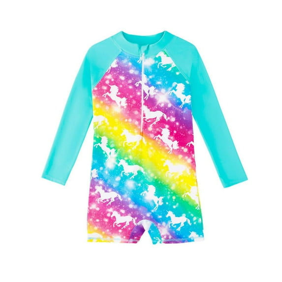 GYRATEDREAM Toddler Baby Girl One Piece Swimsuit Kids Cartoon Print Zipper Long Sleeve Swimwear Girls UPF Sun Proction Rash Guard Bathing Suit for 4-12 Years