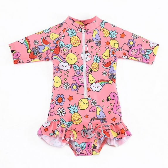 GYRATEDREAM Toddler Baby Girl One Piece Swimsuit Kids Cartoon Print Zipper Short Sleeve Swimwear Girls Cute Rash Guard Bathing Suit for 4-10 Years