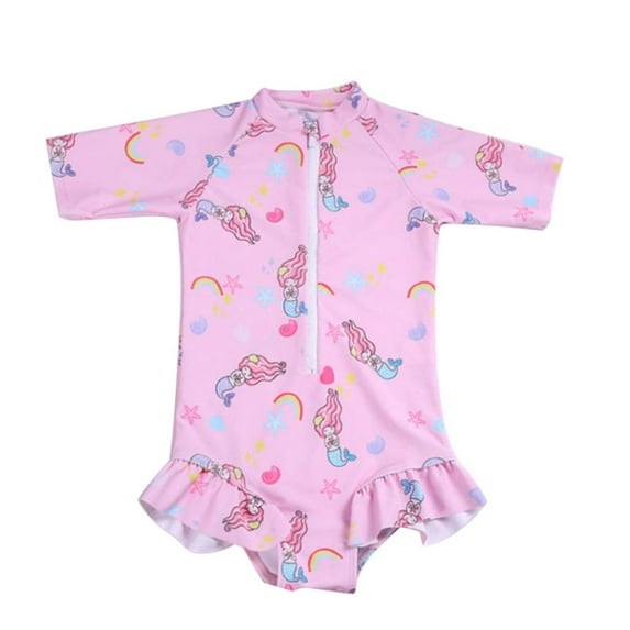 GYRATEDREAM Toddler Baby Girl One Piece Swimsuit Kids Cartoon Print Zipper Short Sleeve Swimwear Girls Cute Rash Guard Bathing Suit for 4-10 Years