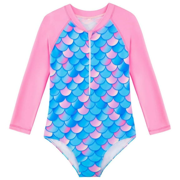 GYRATEDREAM Toddler Baby Girl One Piece Swimsuit Kids Mermaid Zipper Long Sleeve Swimwear Girls UPF Sun Proction Rash Guard Bathing Suit for 4-12 Years