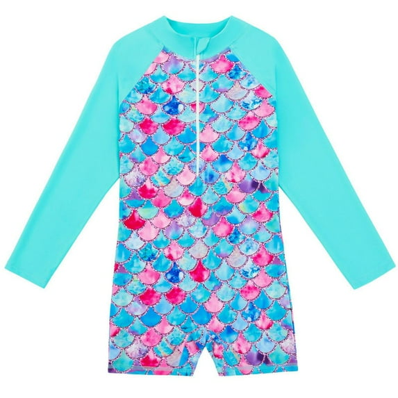 GYRATEDREAM Toddler Baby Girl One Piece Swimsuit Kids Mermaid Zipper Long Sleeve Swimwear Girls UPF Sun Proction Rash Guard Bathing Suit for 4-12 Years