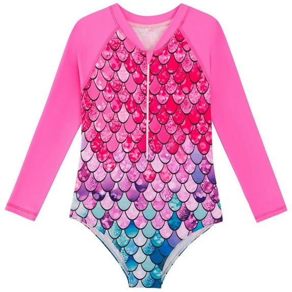 GYRATEDREAM Toddler Baby Girl One Piece Swimsuit Kids Mermaid Zipper Long Sleeve Swimwear Girls UPF Sun Proction Rash Guard Bathing Suit for 4-12 Years