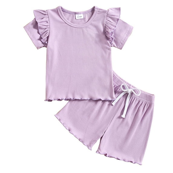 GYRATEDREAM Toddler Baby Girl Summer Clothes Set Ruffle Knit Ribbed Short Sleeves T-Shirts Tops Shorts 2Pcs Infant Short Set