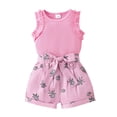 thumbnail image 1 of GYRATEDREAM Toddler Baby Girl Summer Outfit Fly Sleeve Flower Print Romper Tank Tops and Elastic Waist Shorts Set for 6-12M Pink, 1 of 9