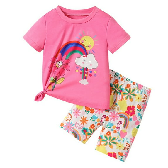 GYRATEDREAM Toddler Baby Girls Cute Outfit Kids Flower Rainbow Sunshine Print Short Sleeve T Shirt Top + Floral Shorts Set Children Summer Clothes Pink for 3-8Y