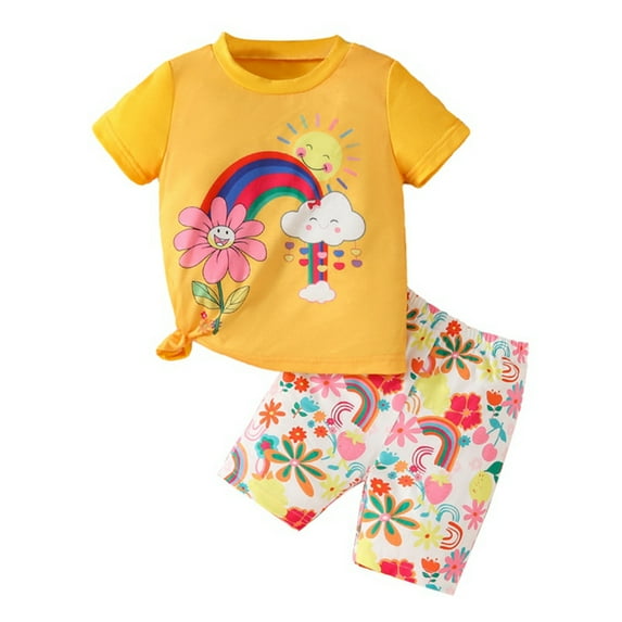 GYRATEDREAM Toddler Baby Girls Cute Outfit Kids Flower Rainbow Sunshine Print Short Sleeve T Shirt Top + Floral Shorts Set Children Summer Clothes Yellow for 3-8Y