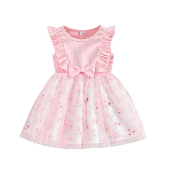 GYRATEDREAM Toddler Baby Girls Cute Tulle Tutu Dress Ribbed Ruffle Sleeveless Print Sundress Kids Birthday Party Holiday Princess Dress Spring Summer Clothes for 12M-6T Pink