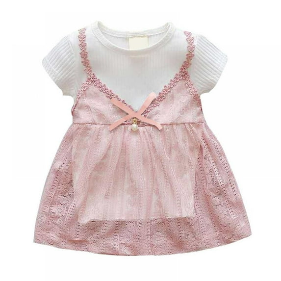 GYRATEDREAM Toddler Baby Girls Dress Short Sleeve Ribbed Knitted Tops Patch Tulle A-line Gauze Dresses 0-24 Months