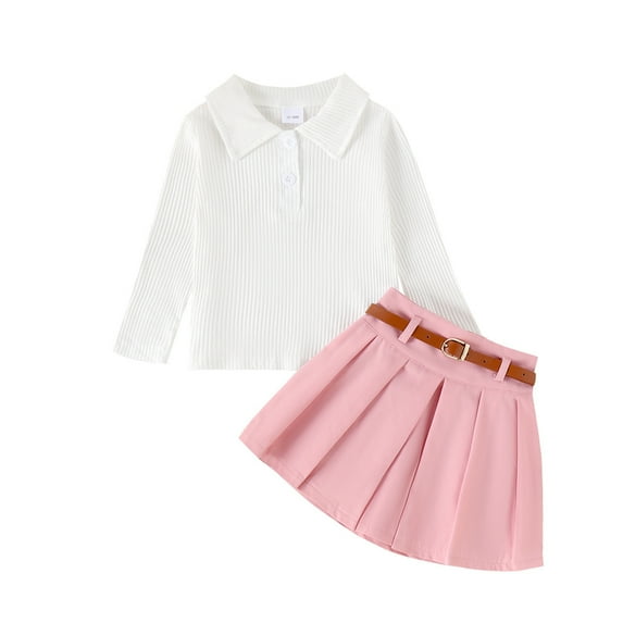 GYRATEDREAM Toddler Baby Girls Fall Winter Clothes Outfit Kids Long Sleeve Solid Color Pit Strip Shirt Top + Pleated Skirt with Belt Suit for 12 Months-5 Years