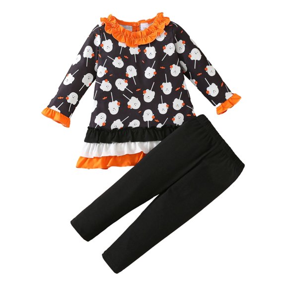GYRATEDREAM Toddler Baby Girl Halloween Colthes Long Sleeve Ruffle Ghost Pullover Long Pants Sets 2Pcs Fall Outfits
