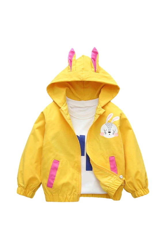 Toddler Baby Girls Hooded Jacket Kids Rabbit Ears Coat Lightweight Windbreaker Children Fashion Zip up Cartoon Outerwear with Pockets for 12 Months-7 Years Yellow