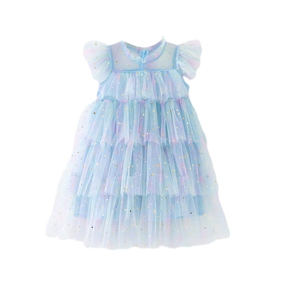 GYRATEDREAM Toddler Baby Girls Layered Tulle Puffy Dress Kids Rainbow Color Short Ruffle Sleeve Mesh Princess Dress Children Wedding Birthday Ball Gown Prom Cake Dress for 1-10 Years
