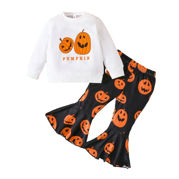 GYRATEDREAM Toddler Baby Girls Long Sleeve T-Shirt Tops Halloween Pumpkin Print Flared Bell-Bottom Pants Fall Winter Outfits Set