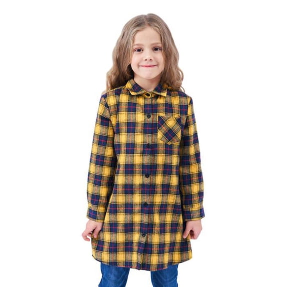 GYRATEDREAM Toddler Baby Girls Mid-length Plaid Shirt Jacket Kids Flannel Long Sleeve Lapel Button down Warm Thicken Shirt Coat Top with Pockets Children Fall Winter Clothes for 3-14Y