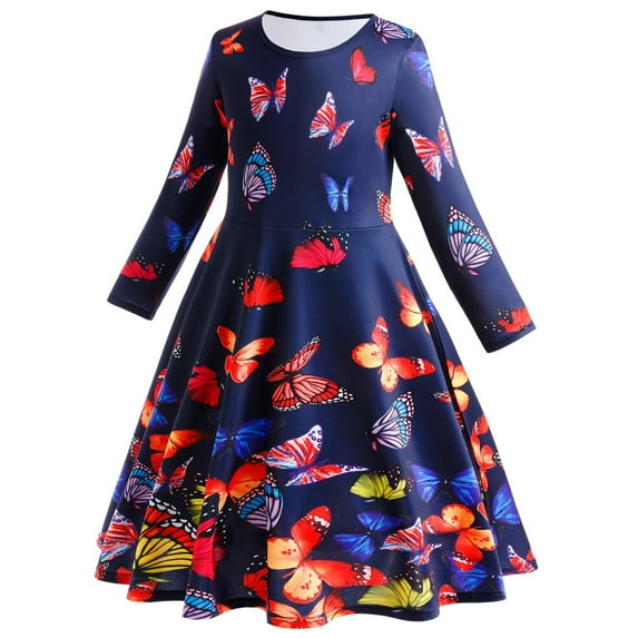 GYRATEDREAM Toddler Baby Girls Party Dress Kids Pleated Swing Long Maxi Dress Children Casual Butterfly Print Holiday Princess Dress for 2-8 Years