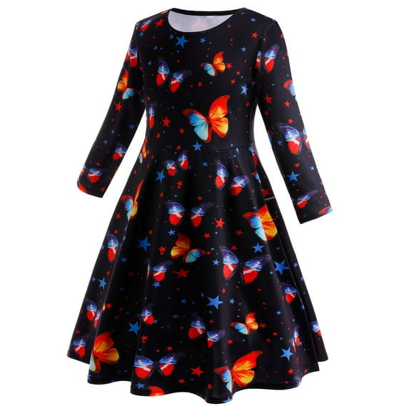 GYRATEDREAM Toddler Baby Girls Party Dress Kids Pleated Swing Long Maxi Dress Children Casual Butterfly Print Holiday Princess Dress for 2-8 Years