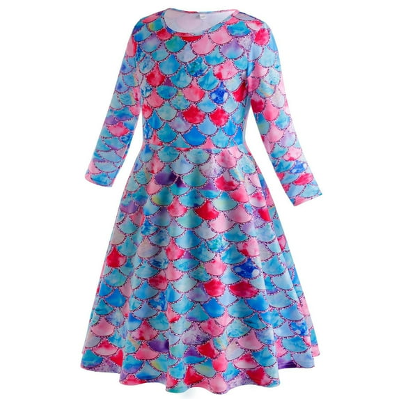 GYRATEDREAM Toddler Baby Girls Party Dress Kids Pleated Swing Long Maxi Dress Children Casual Fish Scale Print Holiday Princess Dress for 2-8 Years