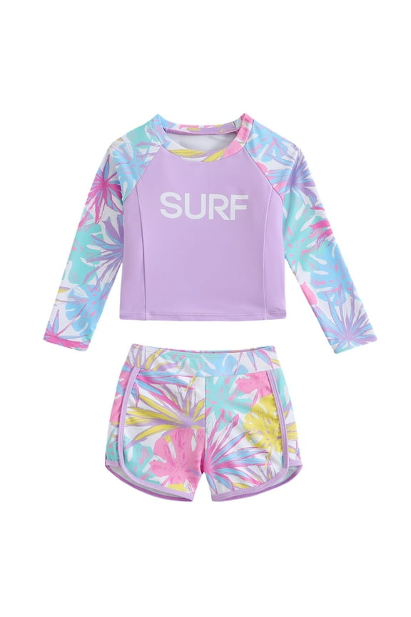 Toddler Baby Girls Rash Guard Two Pieces Swimsuit Kids Long Sleeve Beach Bathing Suit with Shorts Purple for 4-7 Years