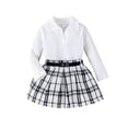 thumbnail image 1 of GYRATEDREAM Toddler Baby Girls Skirt 3Pcs Set Little Kids Lapel Long Sleeve Pit Strip Ribbed T Shirt Top Plaid Pleated Mini Skirt with Belt Outfits Fall Winter Clothes for 12 Months-5 Years White, 1 of 8