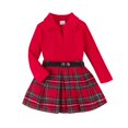 thumbnail image 1 of GYRATEDREAM Toddler Baby Girls Skirt 3Pcs Set Little Kids Lapel Long Sleeve Pit Strip Ribbed T Shirt Top Plaid Pleated Mini Skirt with Belt Outfits Fall Winter Clothes for 12 Months-5 Years Red, 1 of 8