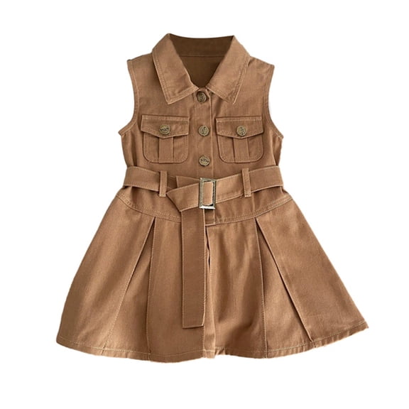 GYRATEDREAM Toddler Baby Girls Sleeveless Denim Dress Summer Sundress Lapel Button Down Pocket Jean Waistcoat Dress Kids Casual New Korean Version Playwear Clothes Brown for 2-10 Years