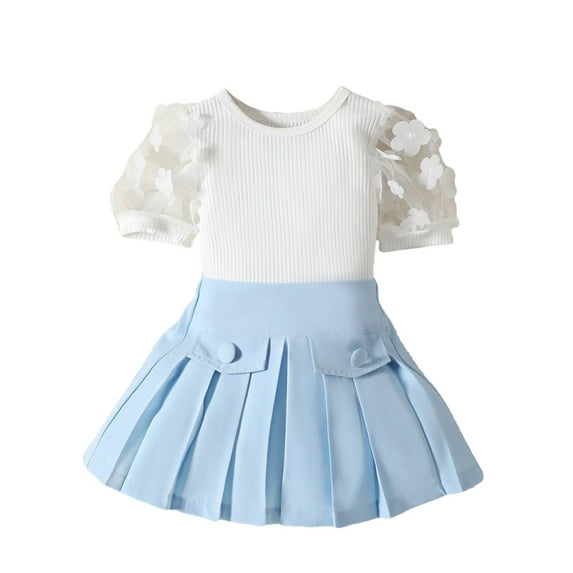 GYRATEDREAM Toddler Baby Girls Summer Dress Outfit Kids Mesh Tulle Short Sleeve Ribbed Knit Crew Neck T-Shirt + Pleated Skirt 2 Piece Set for 18 Months-6 Years