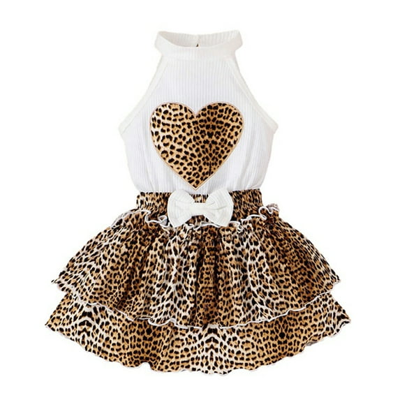 GYRATEDREAM Toddler Baby Girls Summer Leopard Print Dress Outfits Kids Halter Sleeveless Love Shirt + Bowknot Layered Skirt Two-Piece Set for 4-7 Years