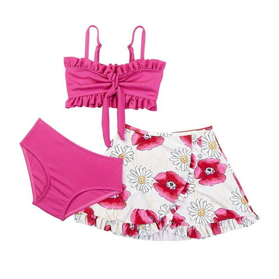 GYRATEDREAM Toddler Baby Girls Swimsuit 3-Piece Bikini Set Kids Print High Waisted Ruffle Bathing Suit Swimwear with Quick Dry Beach Cover Up for 2-9 Years