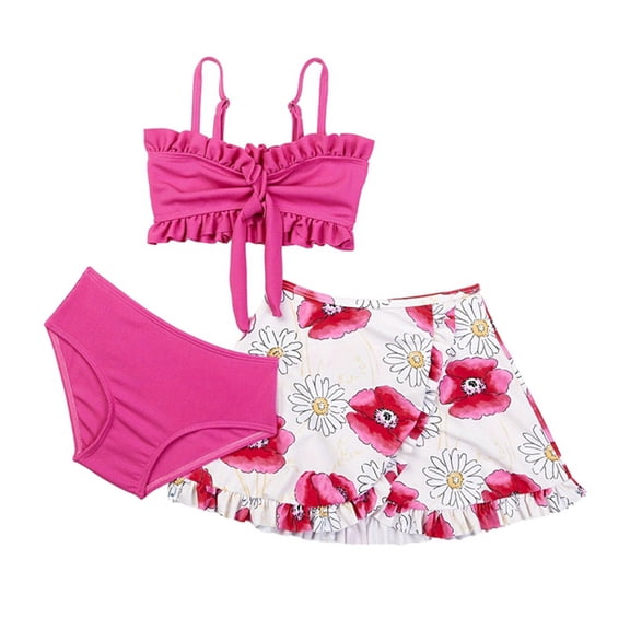 GYRATEDREAM Toddler Baby Girls Swimsuit 3-Piece Bikini Set Kids Print High Waisted Ruffle Bathing Suit Swimwear with Quick Dry Beach Cover Up for 2-9 Years