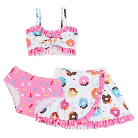 GYRATEDREAM Toddler Baby Girls Swimsuit 3-Piece Bikini Set Kids Print High Waisted Ruffle Bathing Suit Swimwear with Quick Dry Beach Cover Up for 2-9 Years