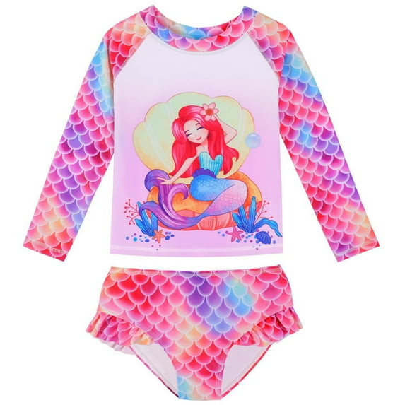 GYRATEDREAM Toddler Baby Girls Two Piece Bikini Swimsuit Kids Mermaid Ruffle Swimwear Long Sleeve UPF 50+ Sun Protection Bathing Suits Set for 3-9 Years