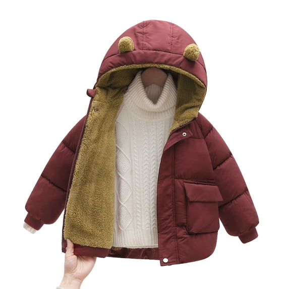 GYRATEDREAM Toddler Baby Kids Winter Fleece Thikcen Coats Boys Girls Bear Ear Hooded Windproof Warm Padded Jacket Outerwear Children Velvet Lined Zipper Outfit for 2-7 Years