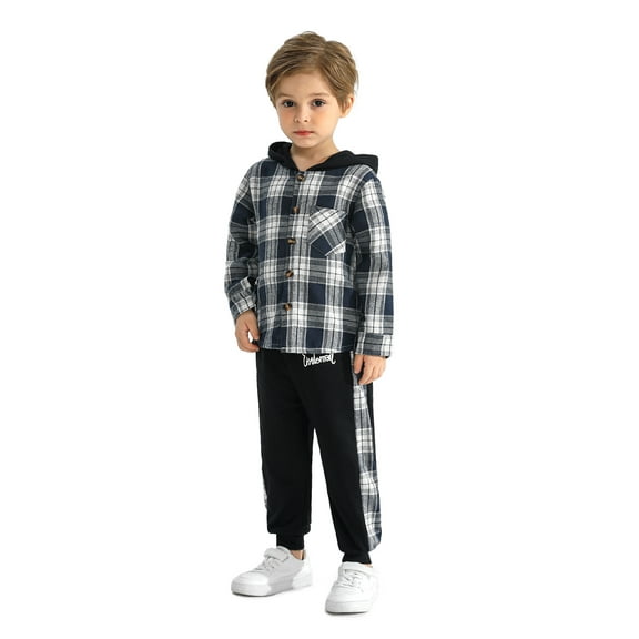 GYRATEDREAM Toddler Boy Clothes Plaid Flannel Hoodied Sweatshirt Tops   Letter Print Pants Boys Fall Winter Outfits 18M-6T